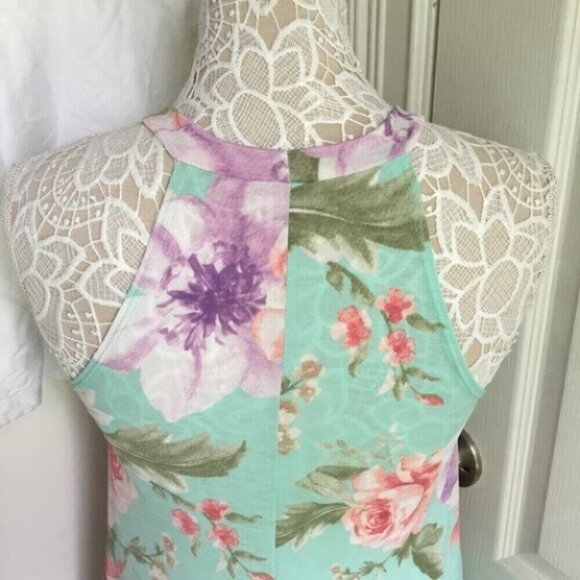 Floral Sleeveless Pockets Mint Green Pink Dress - Picture 3 of 6